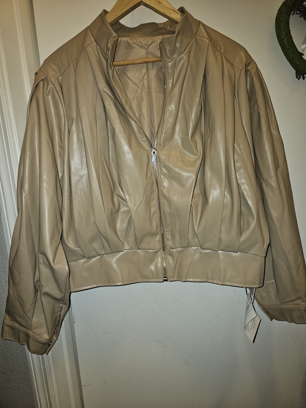 Women’s Beige Faux Leather Bomber Jacket